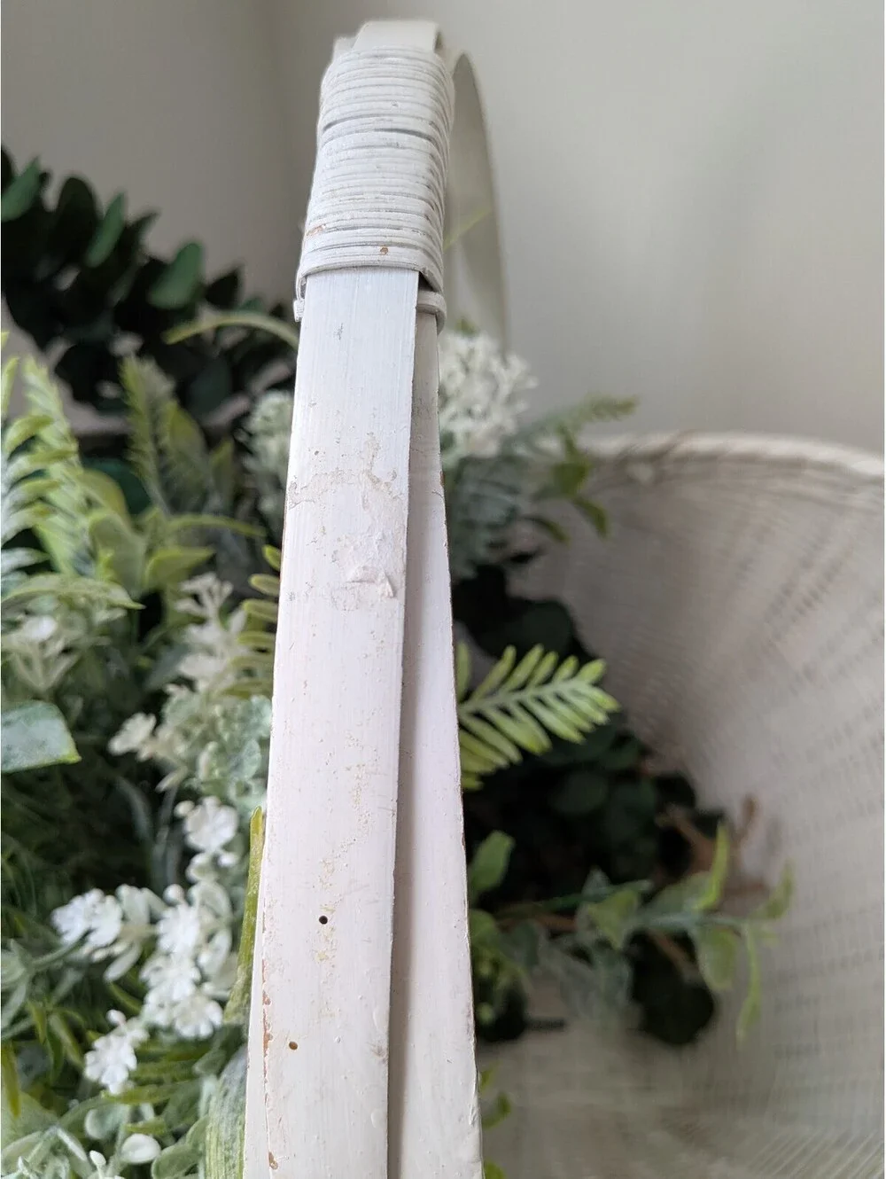 Vintage double-hooped arched handle white-washed basket picnic flower gathering